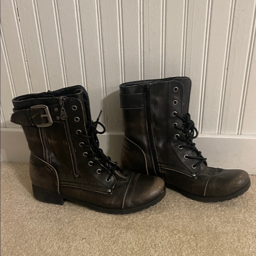 G by Guess Black and Brown Moto Boots